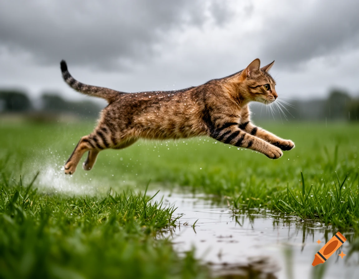 A photorealistic tabby cat leaps over a puddle in a lush green field under a cloudy sky, splashing water.