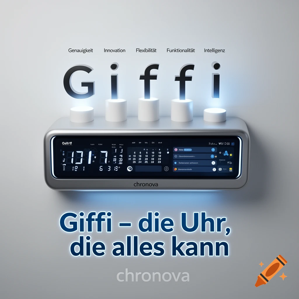A sleek digital clock with a calendar and to-do list, branded 'Giffi' and 'chronova', with glowing letters above it spelling 'Giffi' and descriptive words 'Genauigkeit', 'Innovation', 'Flexibilität', 'Funktionalität', 'Intelligenz'. Below, the slogan 'Giffi – die Uhr, die alles kann' is displayed.