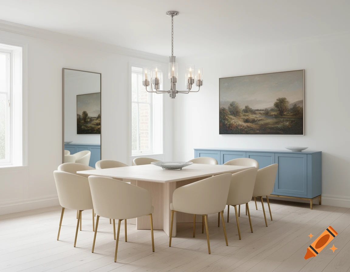 Modern dining room with a long light wood table, cream leather chairs with brass legs, a light blue buffet, and a landscape painting.