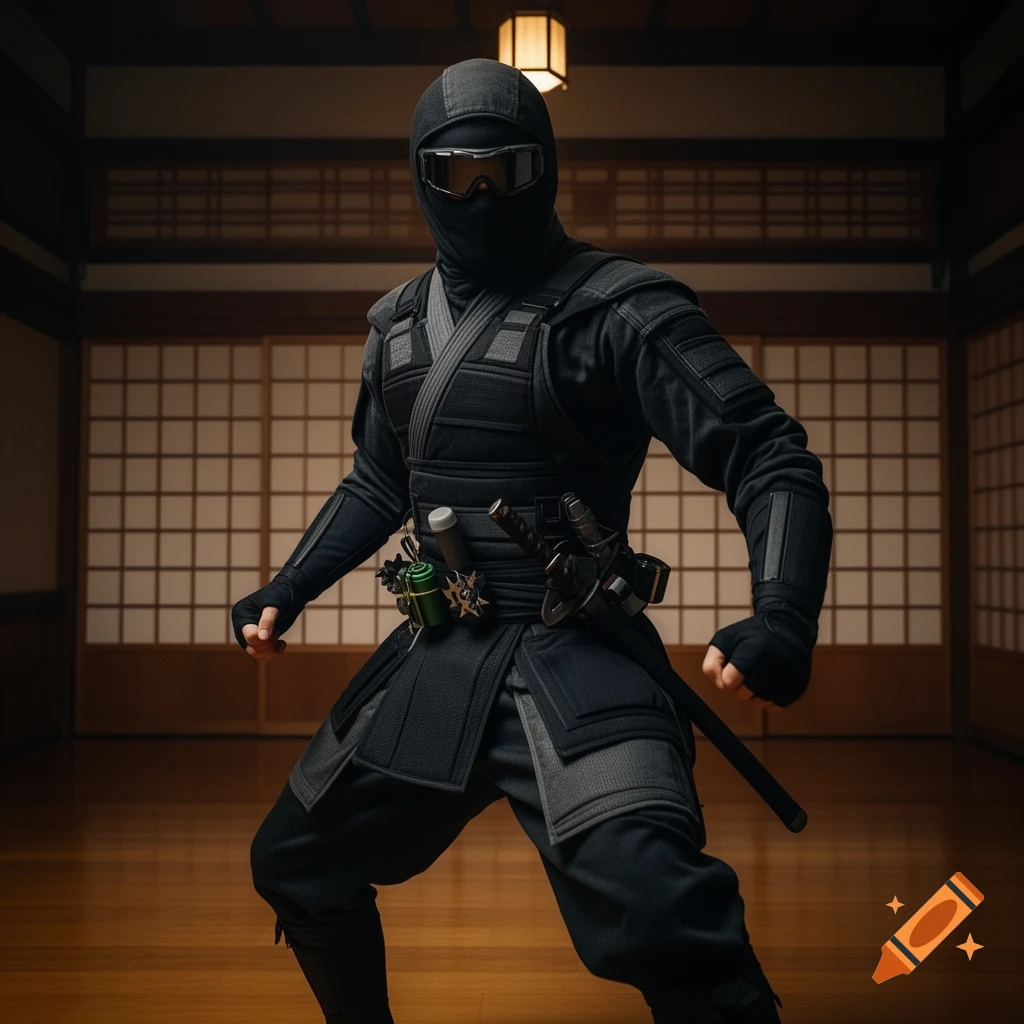 A photorealistic image of a ninja in a black suit, mask, and goggles, standing in a traditional Japanese room.