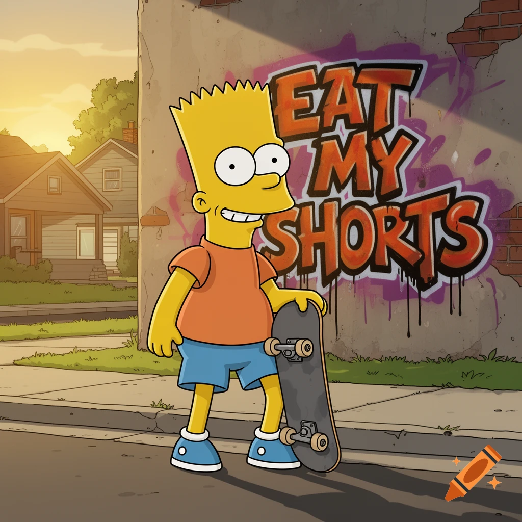 Bart Simpson stands on a sidewalk, holding a skateboard, next to a brick wall with 'EAT MY SHORTS' graffiti, cartoon style.