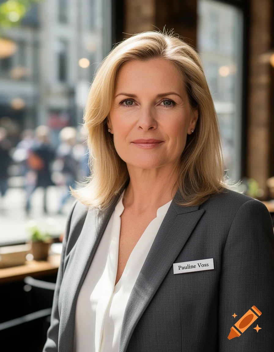 Photorealistic portrait of a blonde woman in a grey business suit with a name tag 'Pauline Voss', standing indoors.