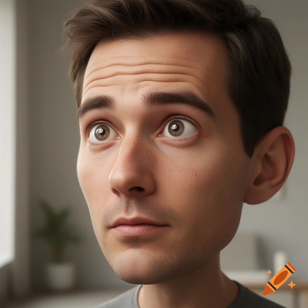 Close-up of a man with a large head and wide eyes, looking upwards and to the right, in a photorealistic style.
