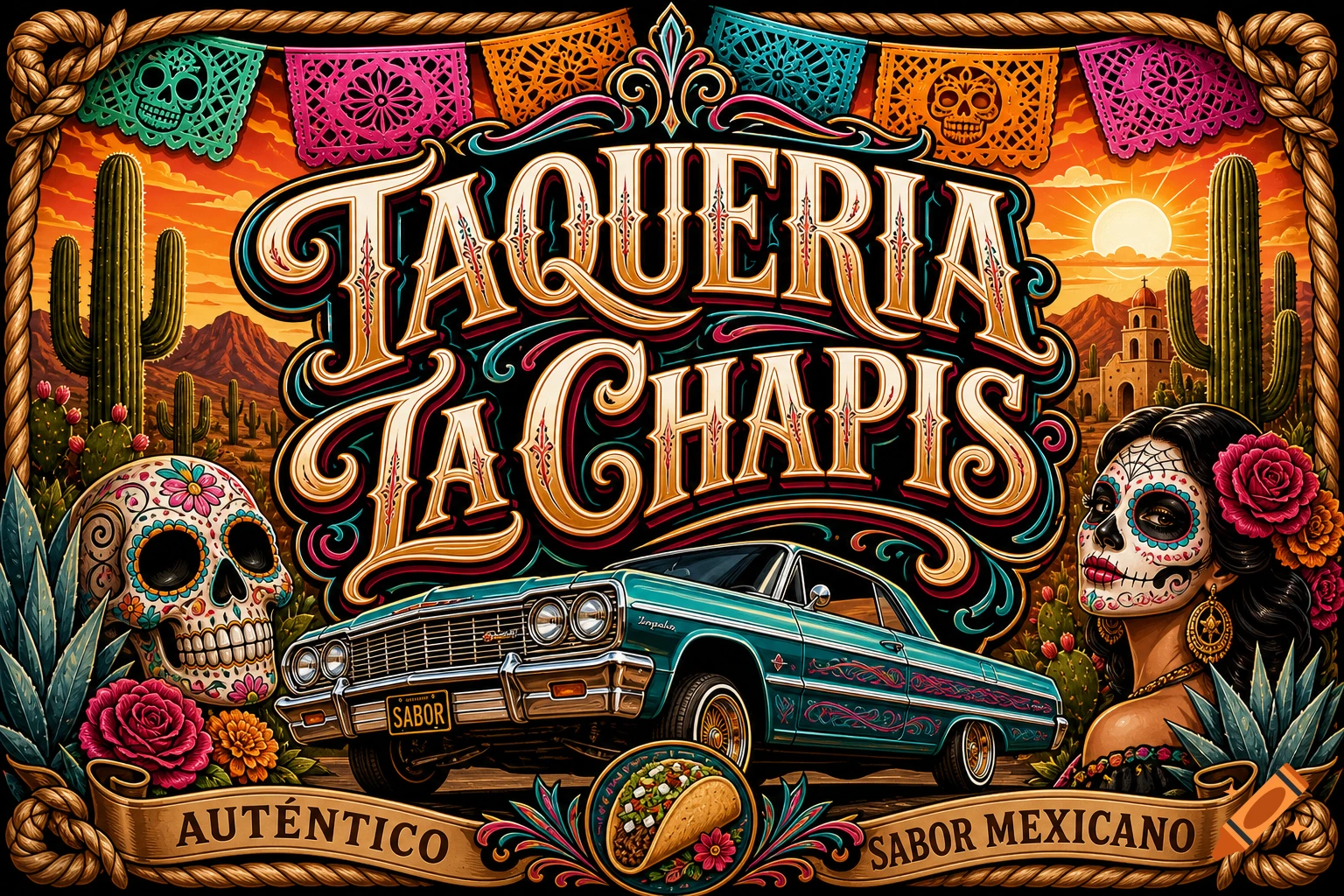 Vibrant lowrider style logo for "Taqueria La Chapis" featuring a teal car, a woman with calavera makeup, sugar skulls, cacti, and papel picado banners.