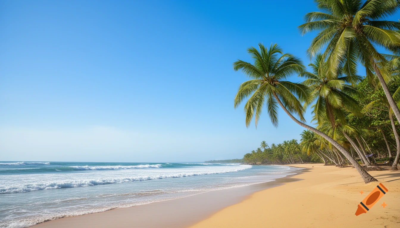 A serene tropical beach with golden sand, swaying palm trees, and gentle ocean waves under a clear blue sky.