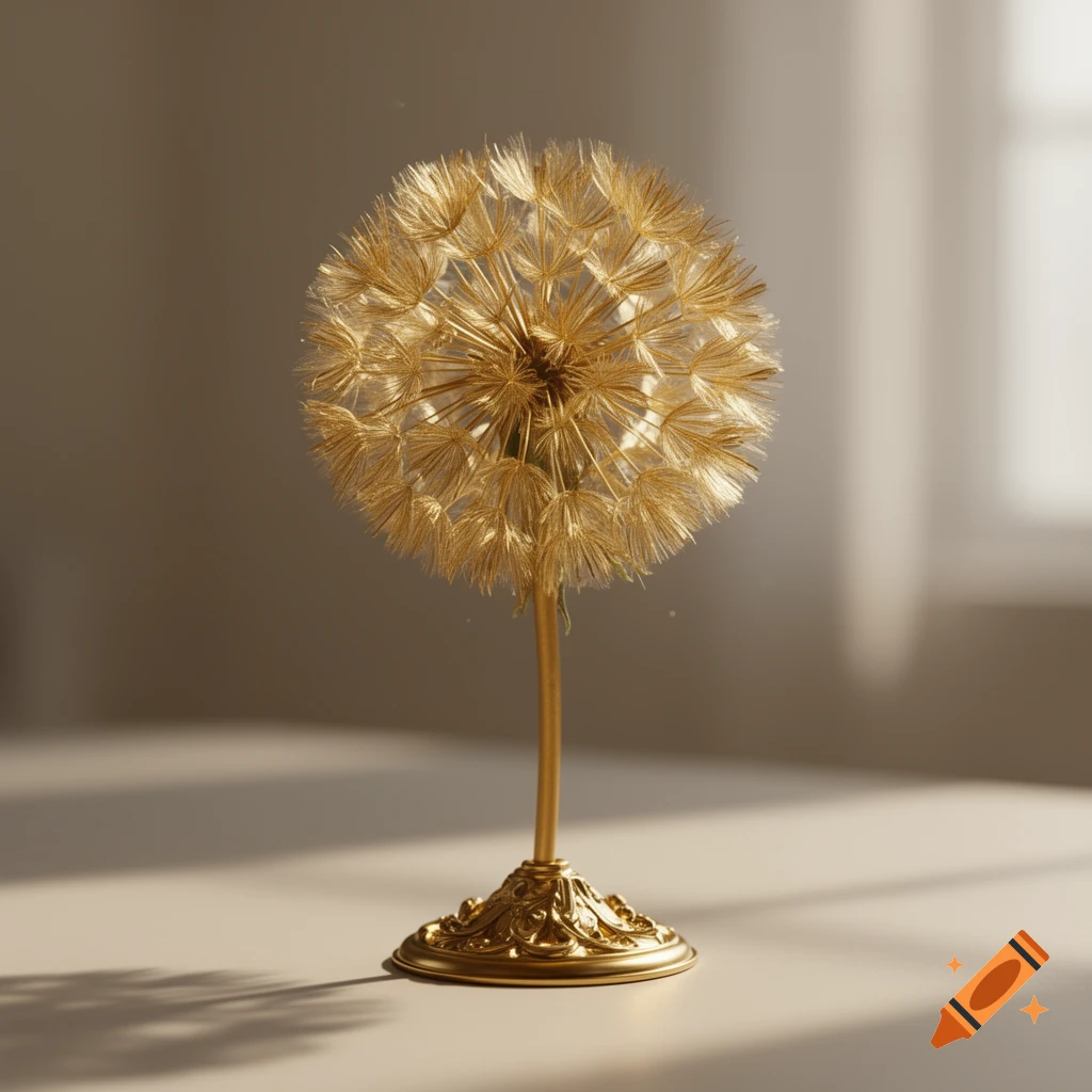 A gleaming golden dandelion sculpture on an ornate golden stand, bathed in soft light.