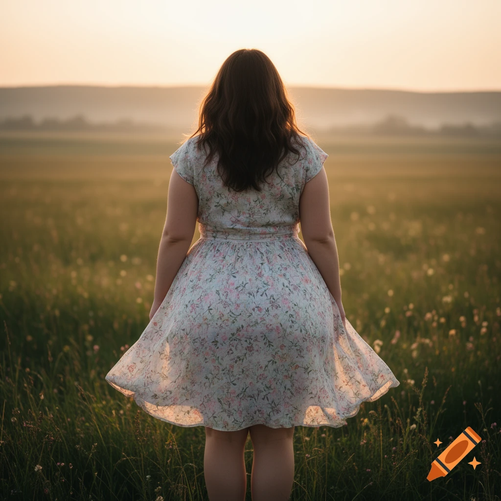 A woman with long dark hair, seen from behind, standing in a grassy field wearing a floral dress, facing a sunset sky.