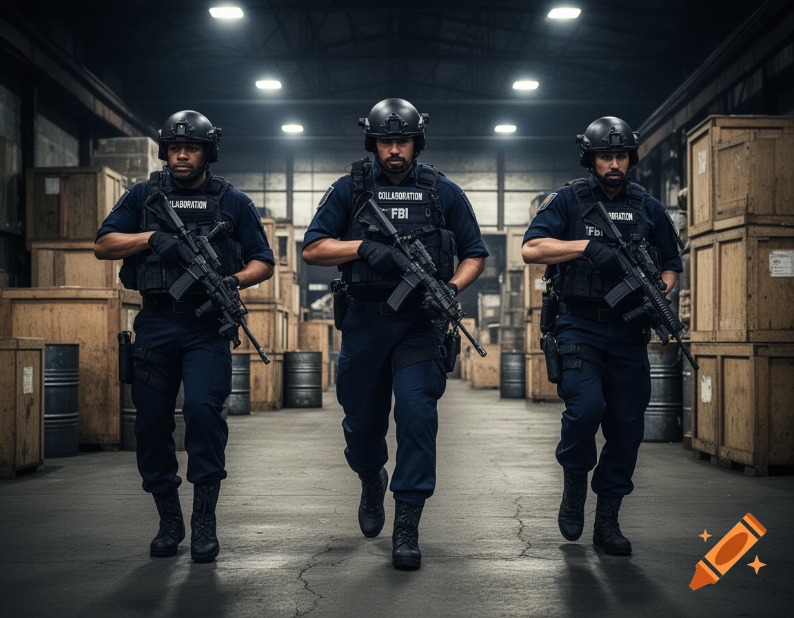 Three armed law enforcement officers in tactical gear and helmets walk through a dark, box-filled warehouse, holding assault rifles in a photorealistic style.