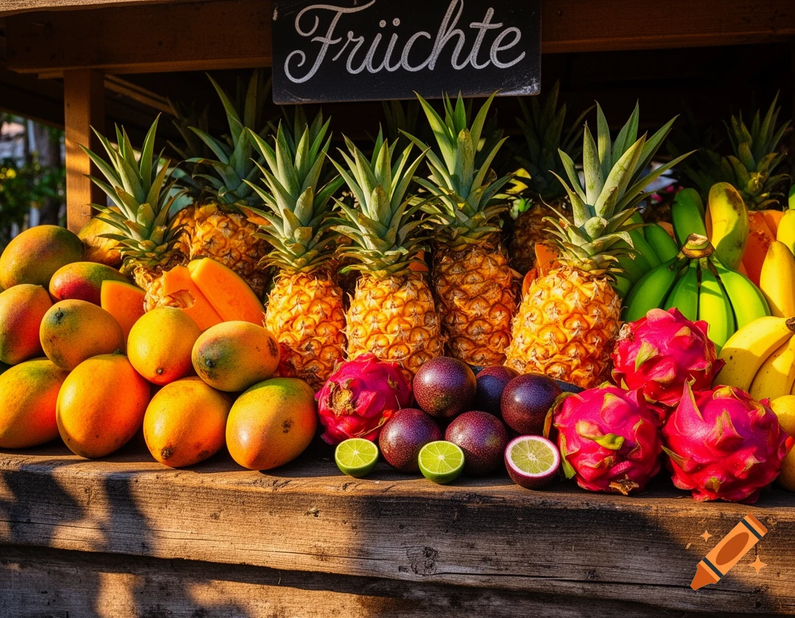 A vibrant tropical fruit stand with pineapples, mangoes, dragon fruit, passion fruit, and bananas on a wooden display, under a sign saying "Früchte".