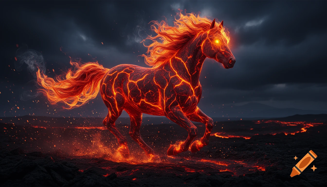 A majestic horse made of glowing lava and flames gallops across a volcanic plain under a dramatic, dark sky.