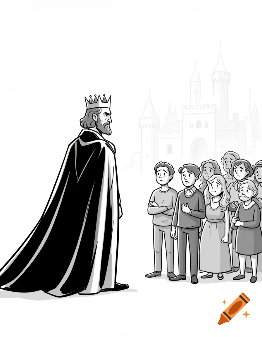 Black and white comic art shows a king with a cape and crown facing a group of commoners in front of a castle.