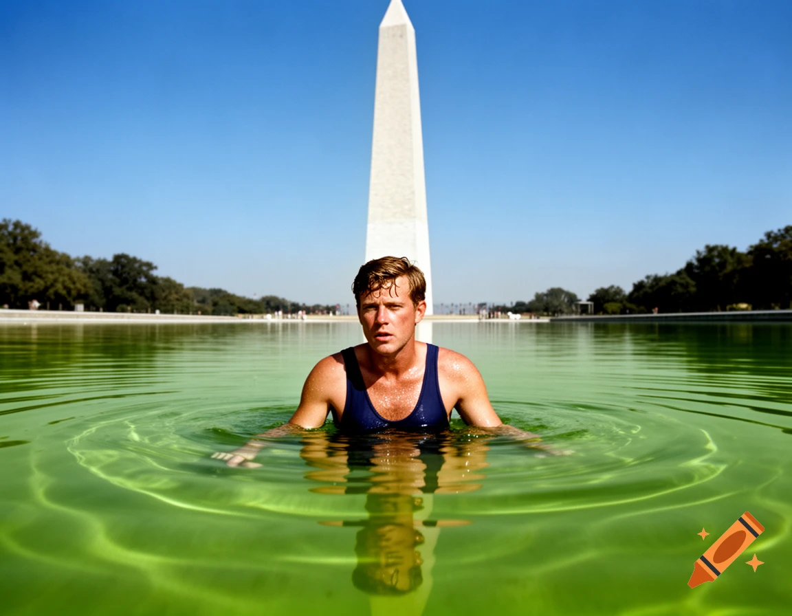 A man in a navy swimsuit emerges from a vibrant green reflecting pool, with the Washington Monument prominently in the background under a clear blue sky.