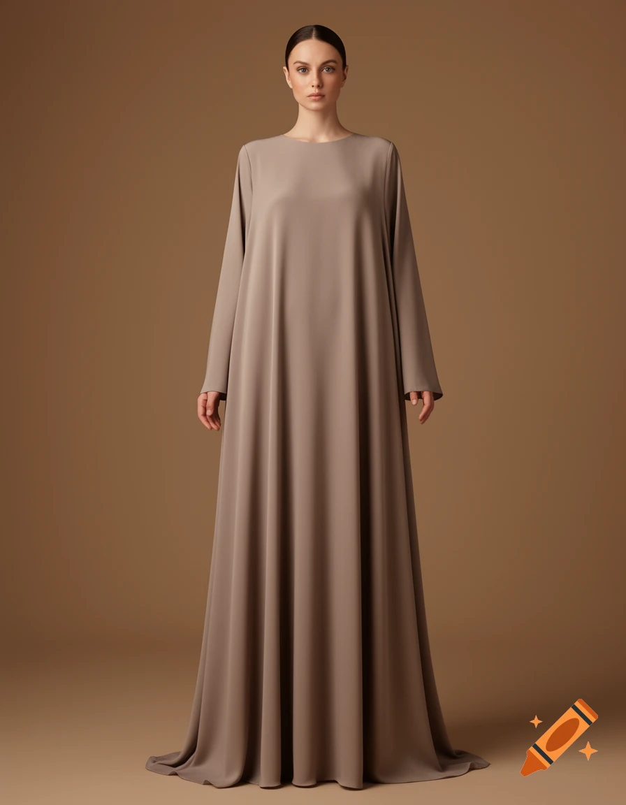 A woman poses in a floor-length, elegant taupe abaya against a plain brown background.