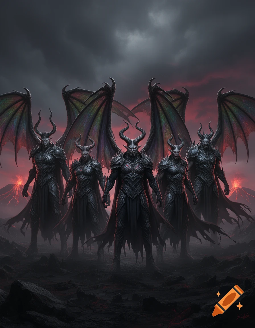 Five horned, winged demonic figures in dark armor stand in an ominous, volcanic landscape under a red sky.