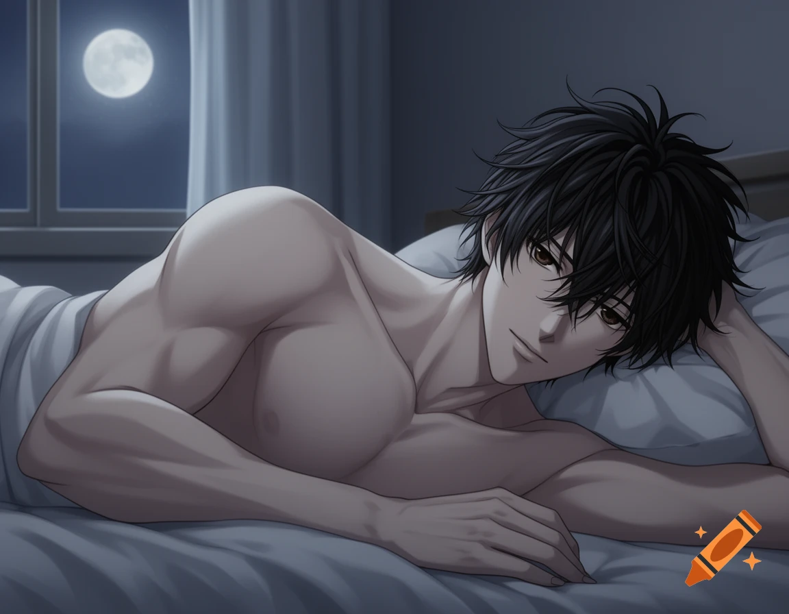 Shirtless anime man with messy black hair lying in bed at night, moonlight visible through the window.