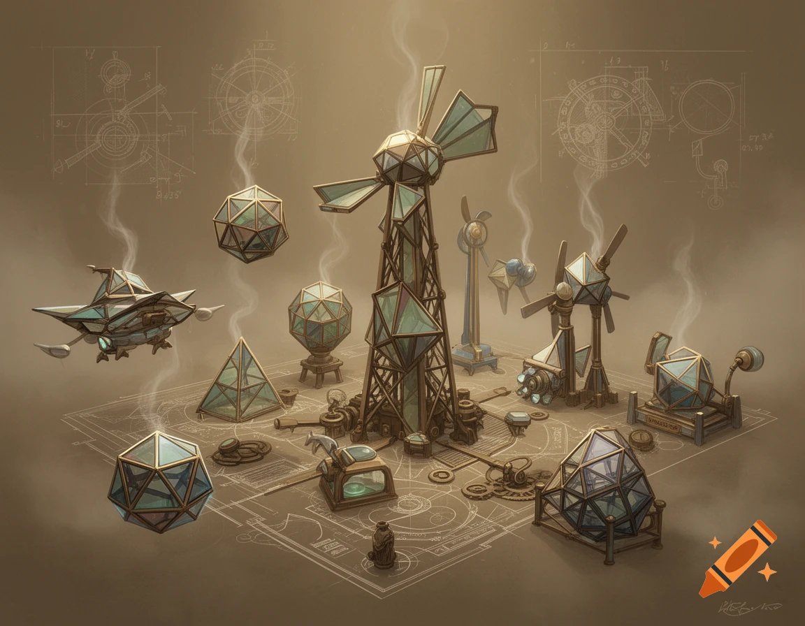Fantastical polyhedral inventions and flying machines with glass and brass elements, on a blueprint background.