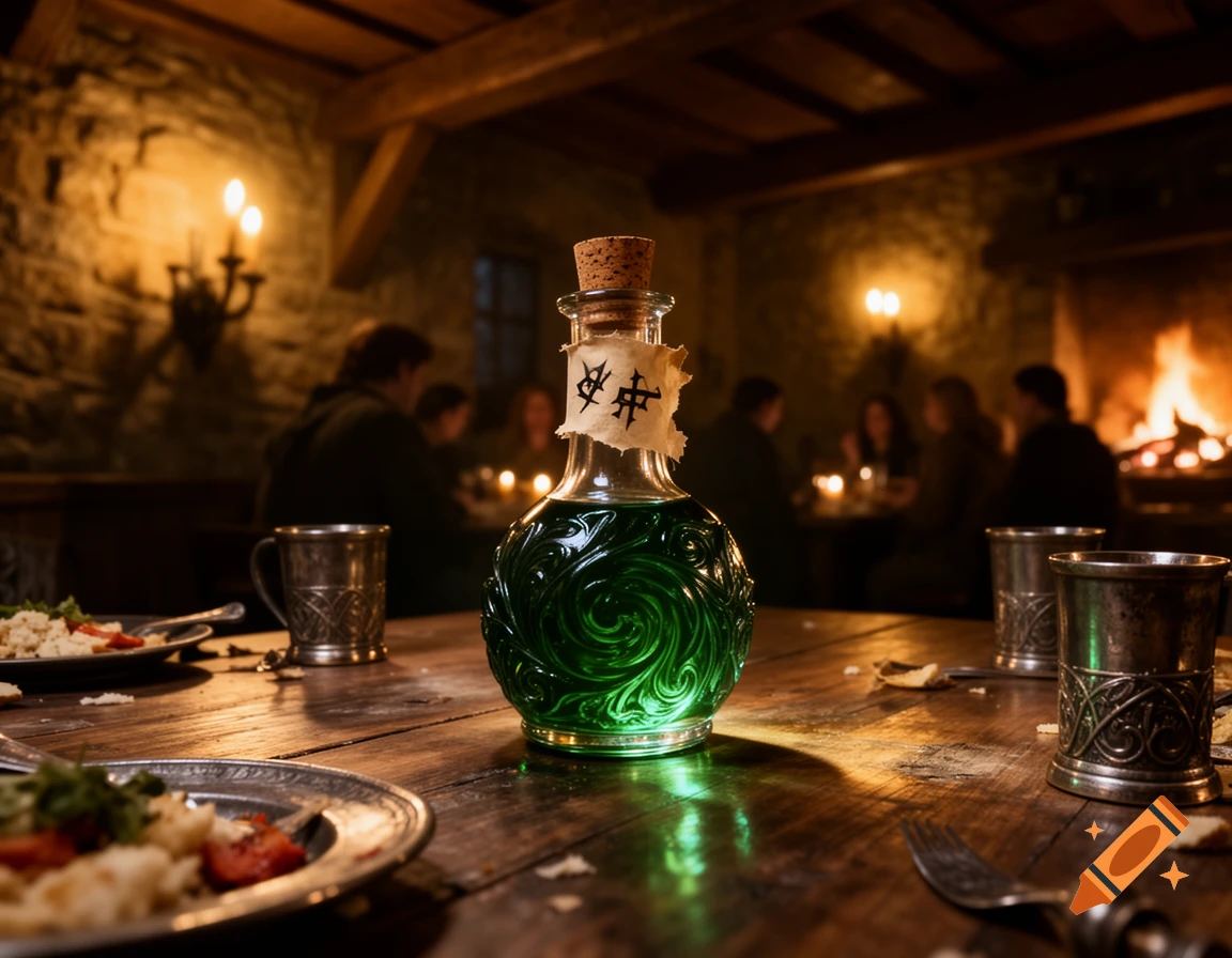A glowing green potion bottle on a wooden table in a dimly lit tavern, with blurred patrons and a warm fireplace in the background.