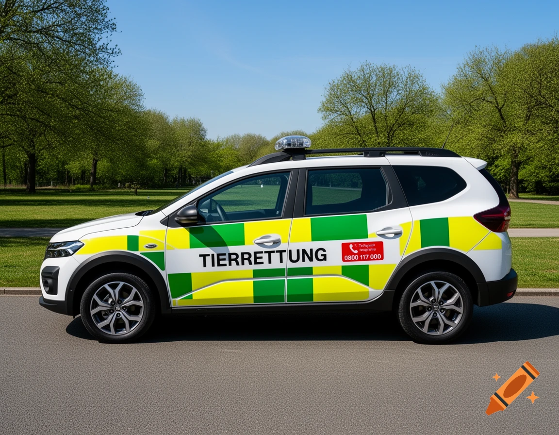 A white Dacia Jogger animal rescue vehicle with yellow and green Battenberg markings, parked on a road with trees in the background.
