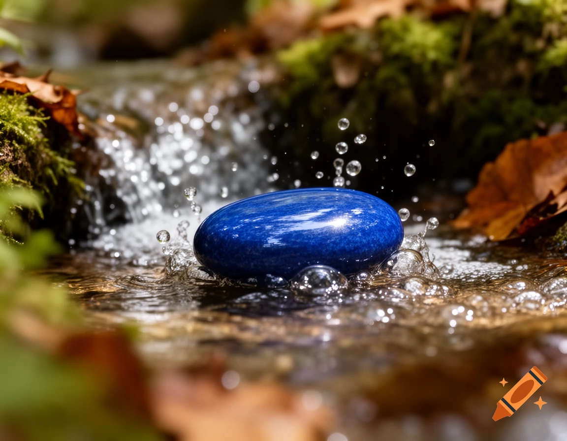 A smooth, oval blue stone rests in a clear stream, with water droplets splashing around it amidst moss and fallen leaves.