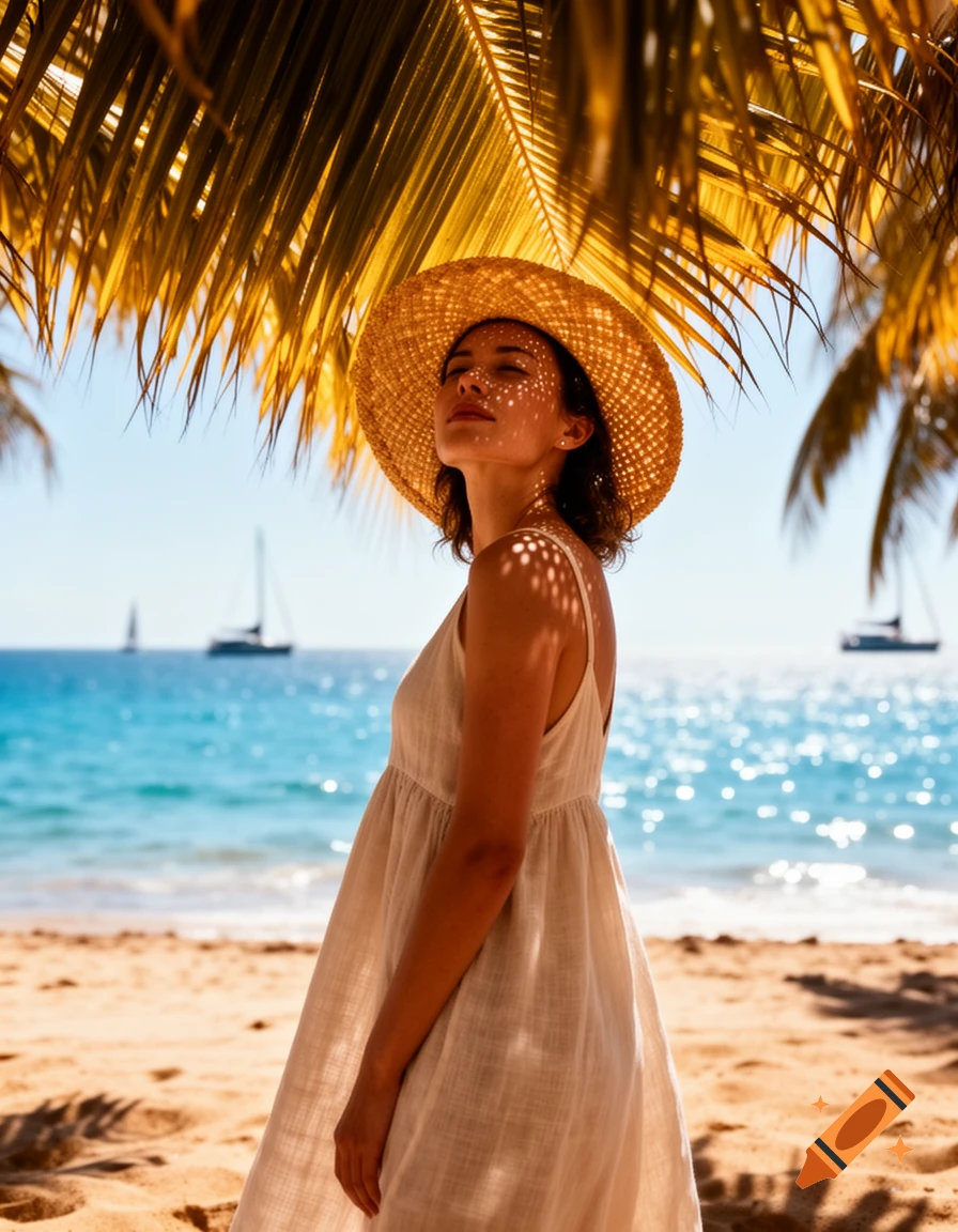 A woman in a straw hat and white dress stands on a sunny beach, shaded by palm leaves, with boats on the blue ocean.