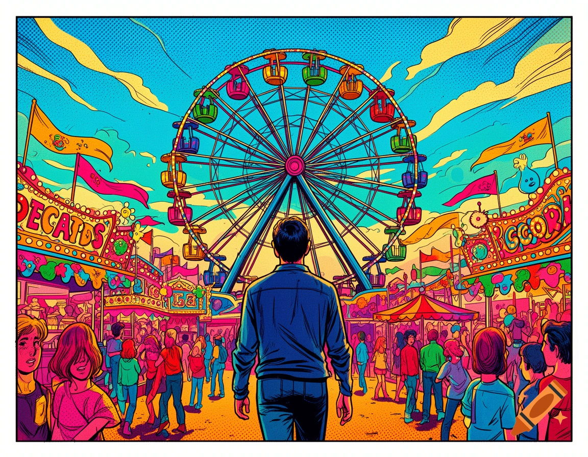 A vibrant Pop Art illustration of a person seen from behind, looking towards a colorful Ferris wheel at a bustling fairground.