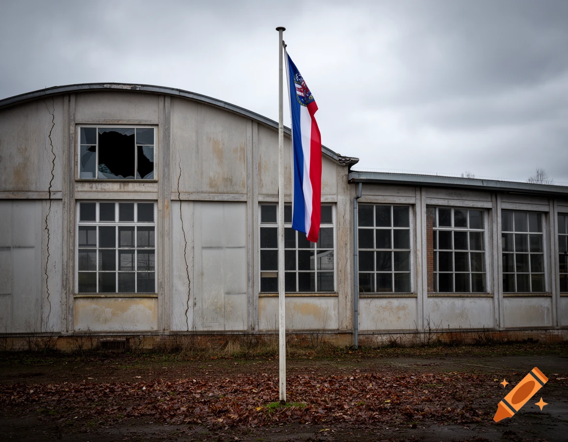 A dilapidated building with a broken window and a white, red, and blue flag on a pole in front, surrounded by fallen leaves under an overcast sky.