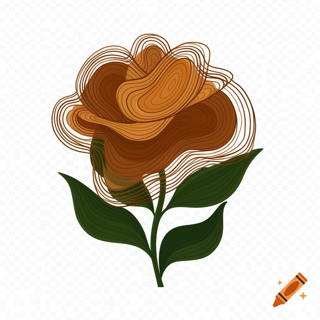 A stylized brown and orange flower made of contour lines with dark green leaves on a transparent background.