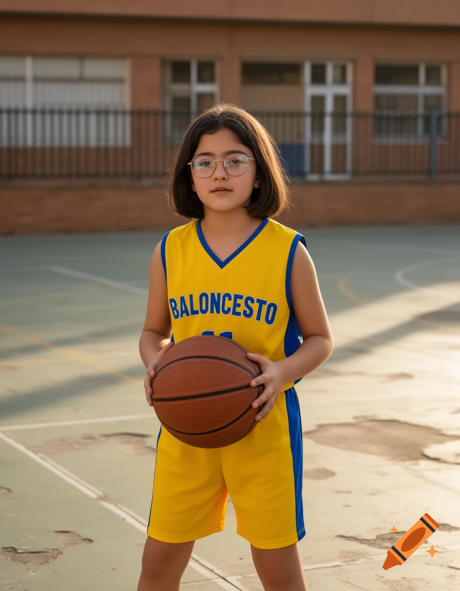 A young girl in a yellow and blue basketball uniform holds a basketball, standing on an outdoor court.