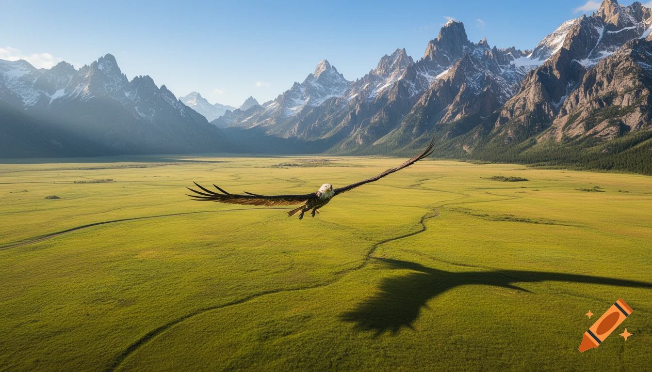 A majestic bald eagle with outstretched wings soars above a vast green prairie, with snow-capped mountains in the background under a clear blue sky.