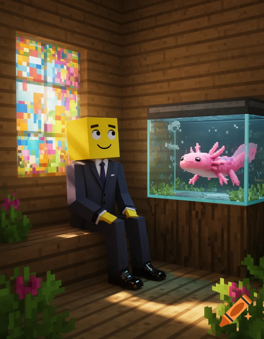 A block-headed character with a smiley yellow face in a suit sits watching a pink Minecraft axolotl in an aquarium within a blocky room.