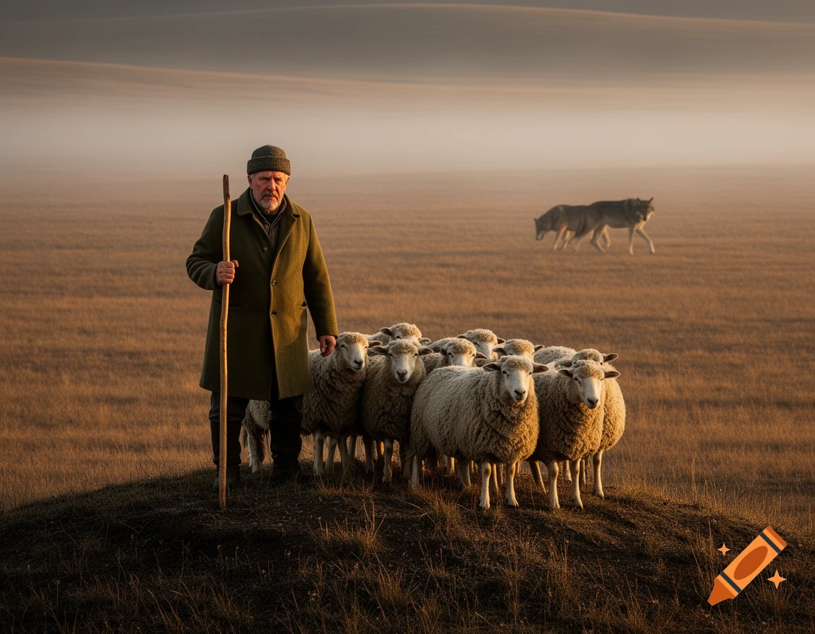 Photorealistic image of a shepherd with his flock of sheep, with two wolves lurking in the misty, golden-hour background.