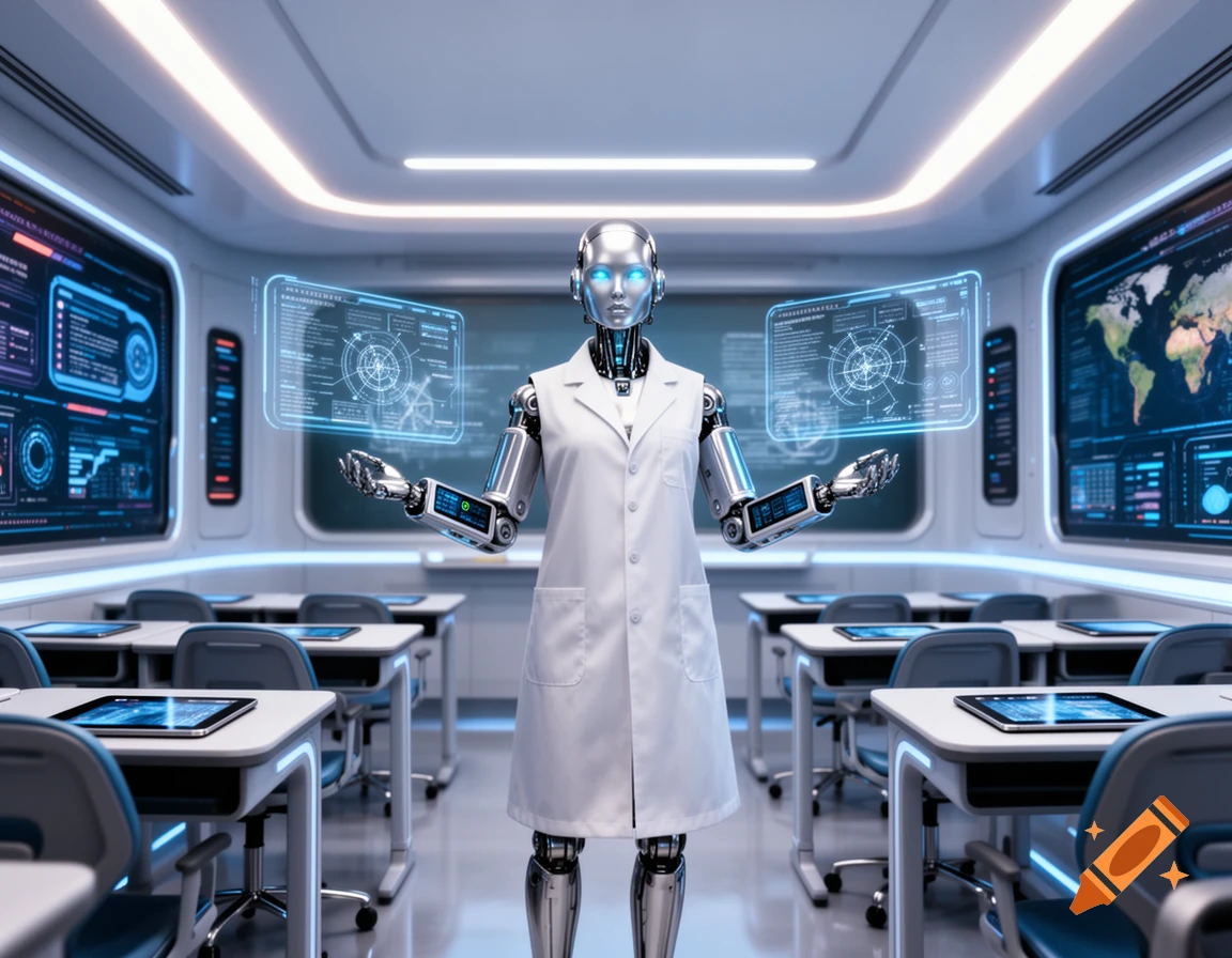 A futuristic silver robot teacher in a lab coat stands in a classroom, presenting holographic data displays.