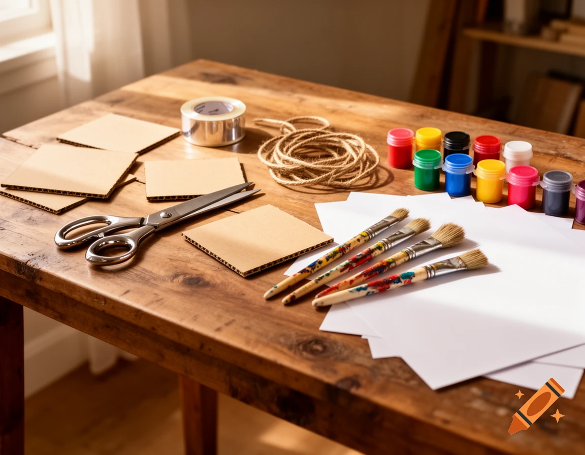 Crafting supplies including cardboard, scissors, tape, string, paint, brushes, and paper on a wooden desk.