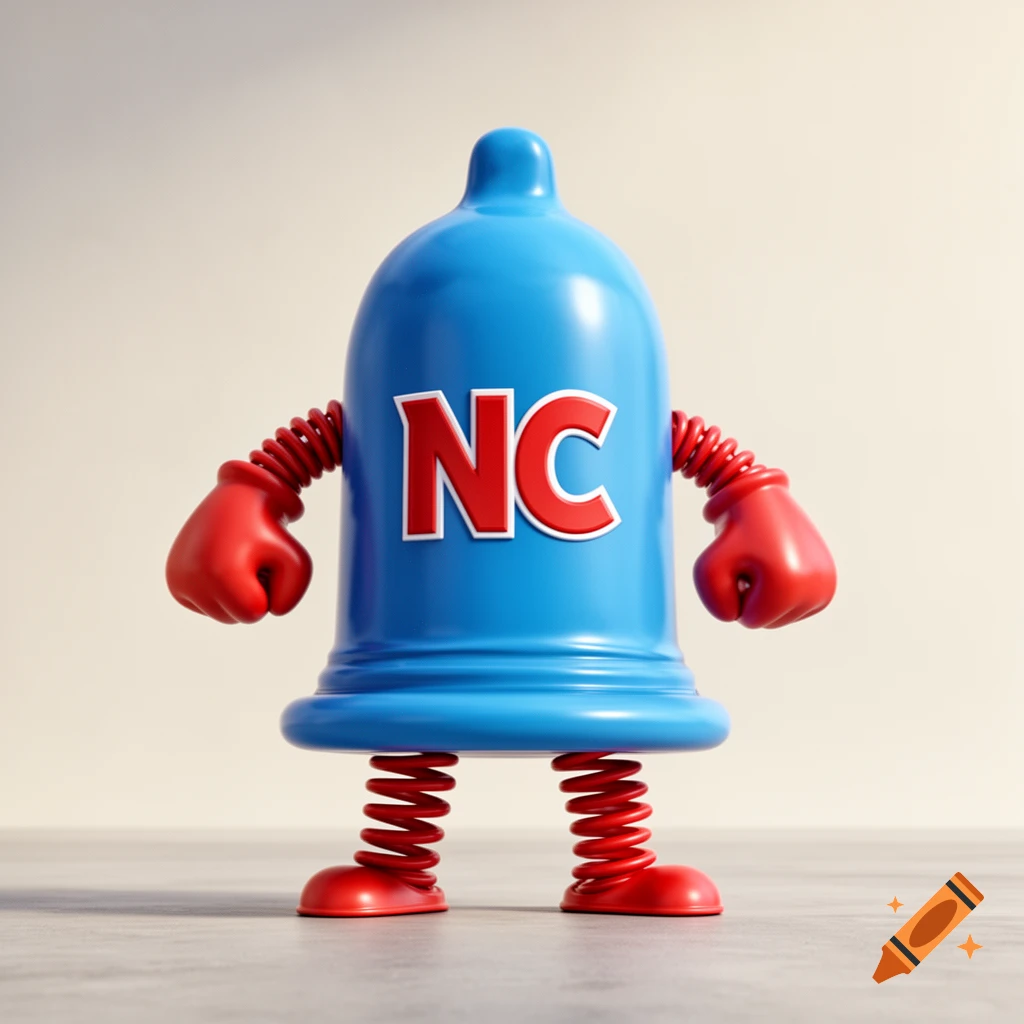 A cartoon blue condom character with red boxing glove arms, spring legs, and 'NC' on its chest, on a light background.