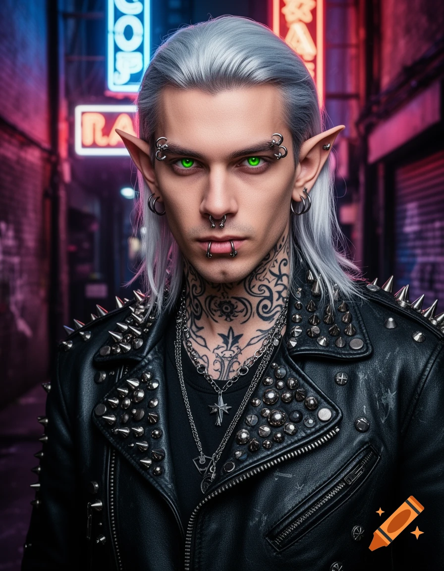 A male elf with silver hair, green eyes, facial piercings, neck tattoos, and a studded leather jacket, standing in a neon-lit alley.