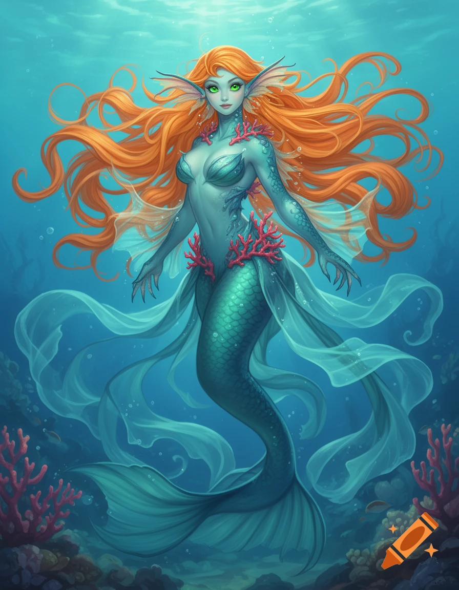 A vibrant illustration of a mermaid with long flowing orange hair, bright green eyes, blue-green skin, and coral accents, swimming underwater.