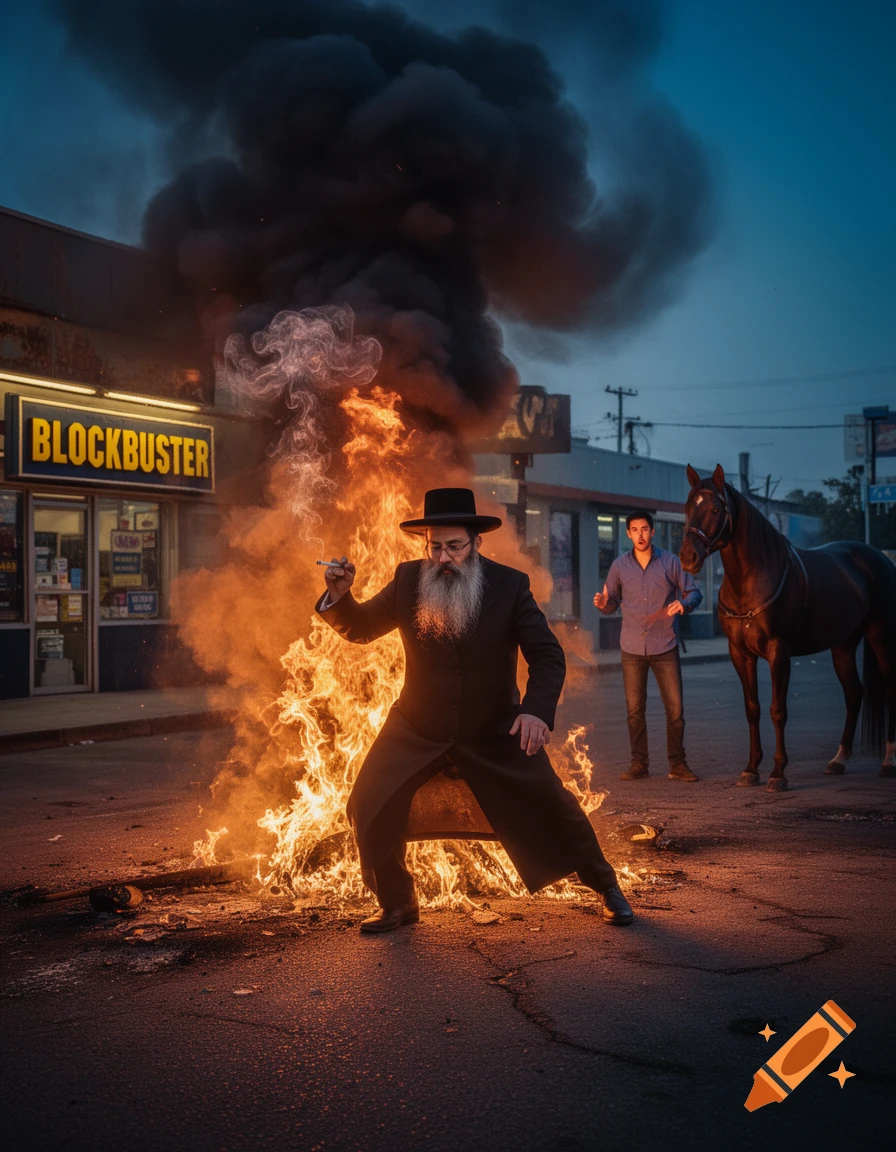 A bearded man in a black coat and hat stands in a wide stance amidst a large fire in front of a Blockbuster store, with another man and a horse in the background at dusk.