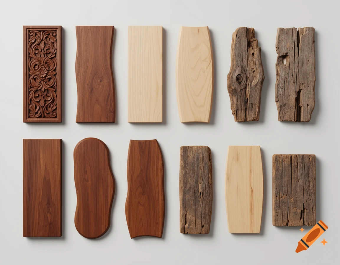 Twelve pieces of wood, varying in shape, size, color, and texture including smooth, carved, and weathered, laid on a light surface.
