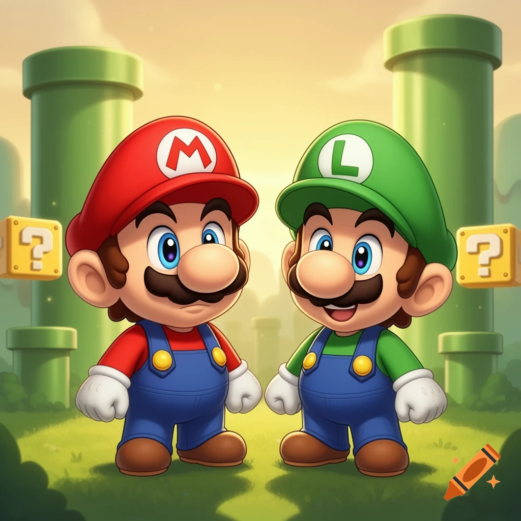 Chibi Mario and Luigi stand side-by-side in a vibrant, cartoonish Super Mario-style landscape with green pipes and question blocks.