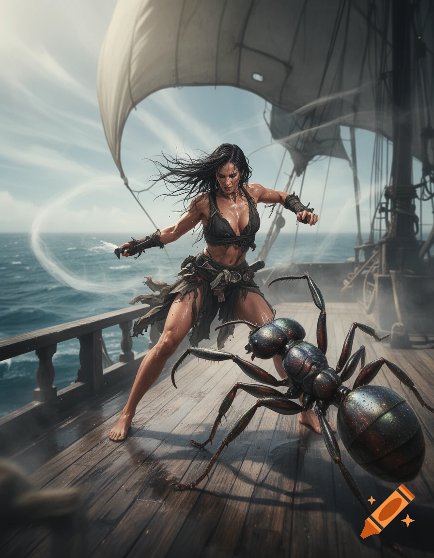 Muscular female warrior battles a giant ant on the wooden deck of a sailing ship at sea, photorealistic style.