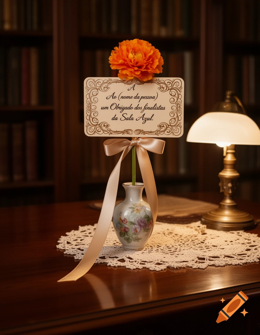 An orange flower in a small floral vase holding a thank-you card tied with a beige ribbon, on a table in a dimly lit library.