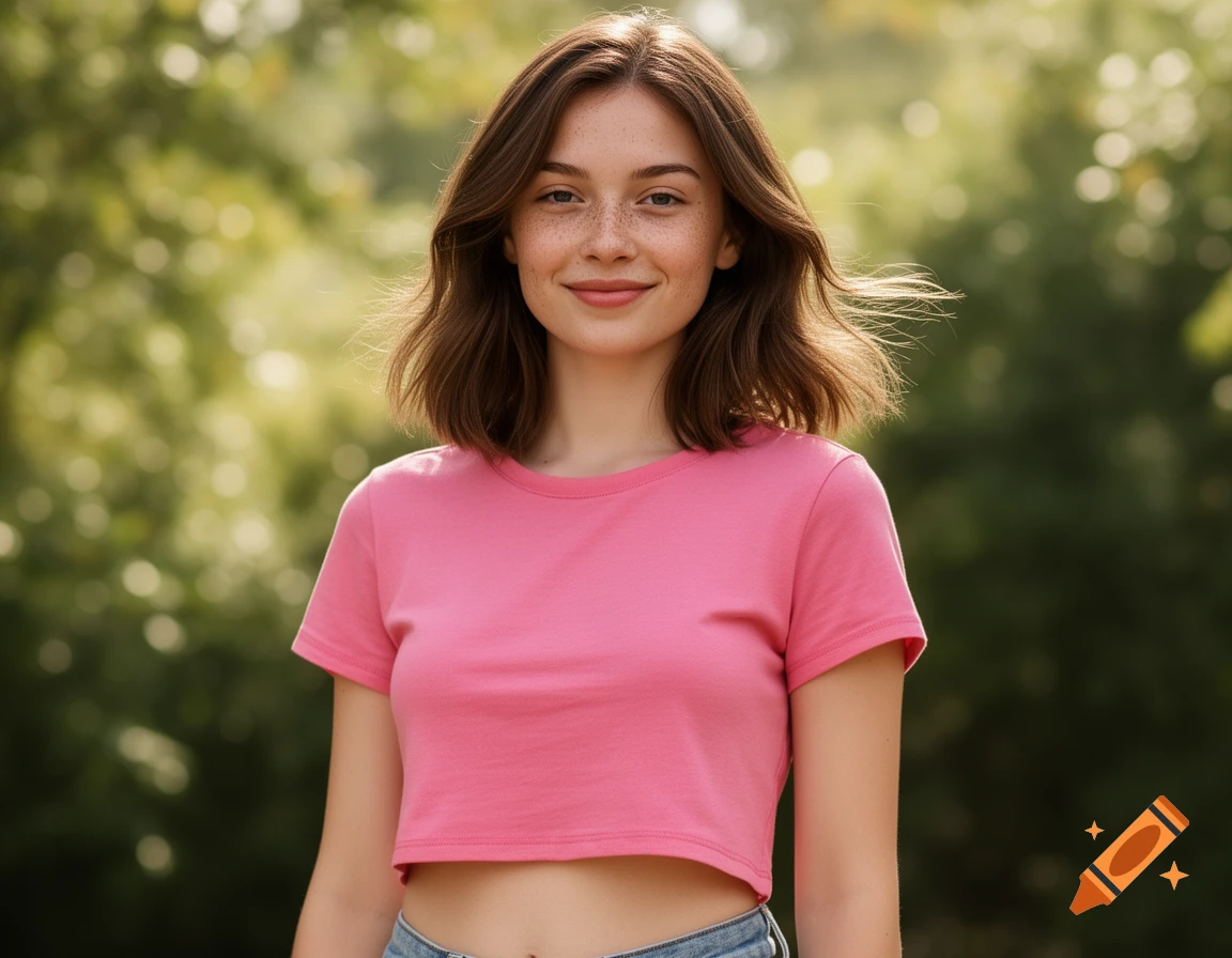 Photorealistic portrait of a smiling young woman with brown shoulder-length hair and freckles, wearing a pink crop top outdoors.