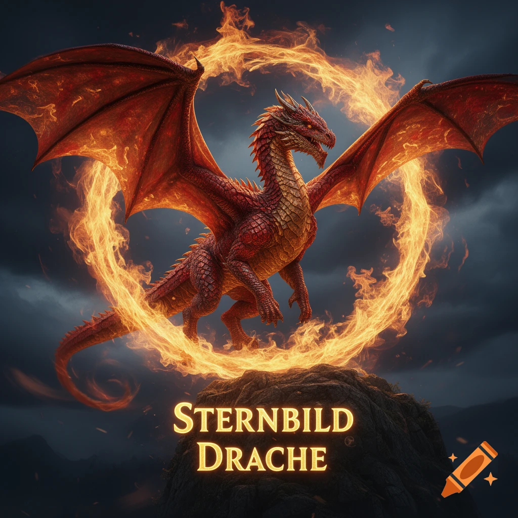A red dragon with large wings stands on a rocky peak, encircled by fire, against a dark sky. 'STERNBILD DRACHE' text below.