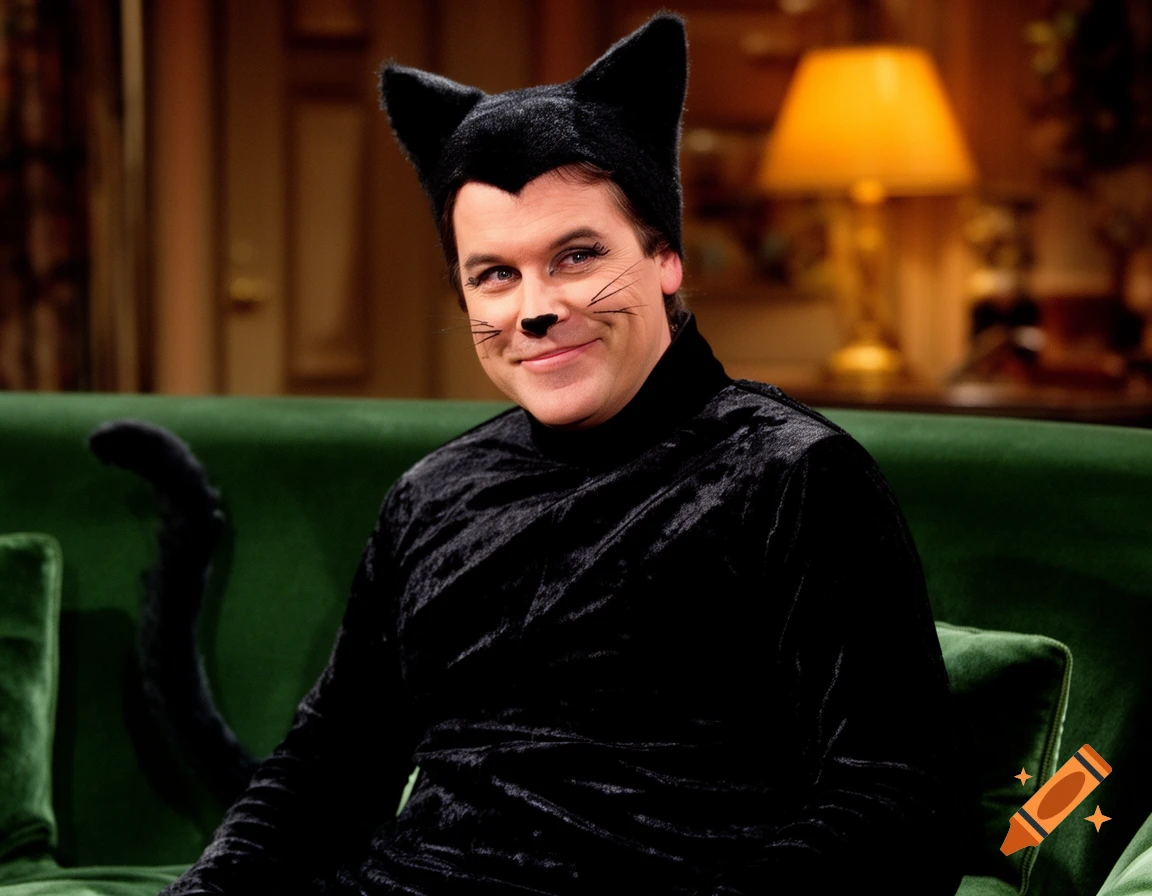 A man, possibly Phil Hartman, smiles while dressed in a black cat costume with ears, whiskers, and a tail, sitting on a green couch.