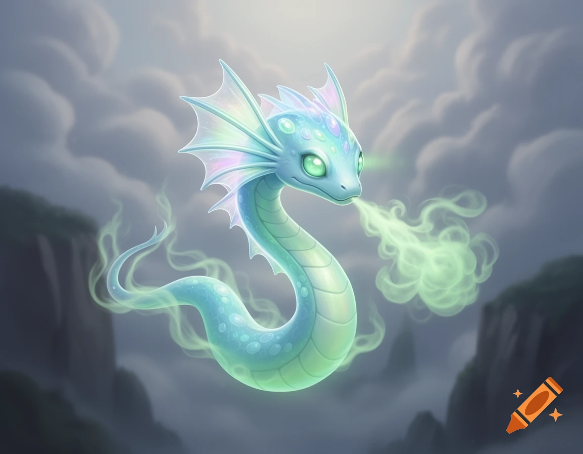 A light blue, long-bodied monster with fins and green eyes floats in cloudy mountains, exhaling green smoke. Stylized art.
