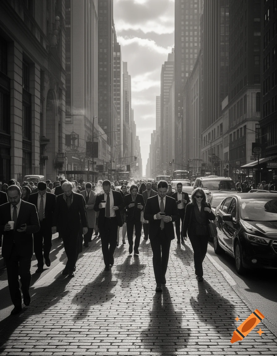 Black and white photo of a busy city street with people in suits walking on a cobblestone sidewalk, casting long shadows.