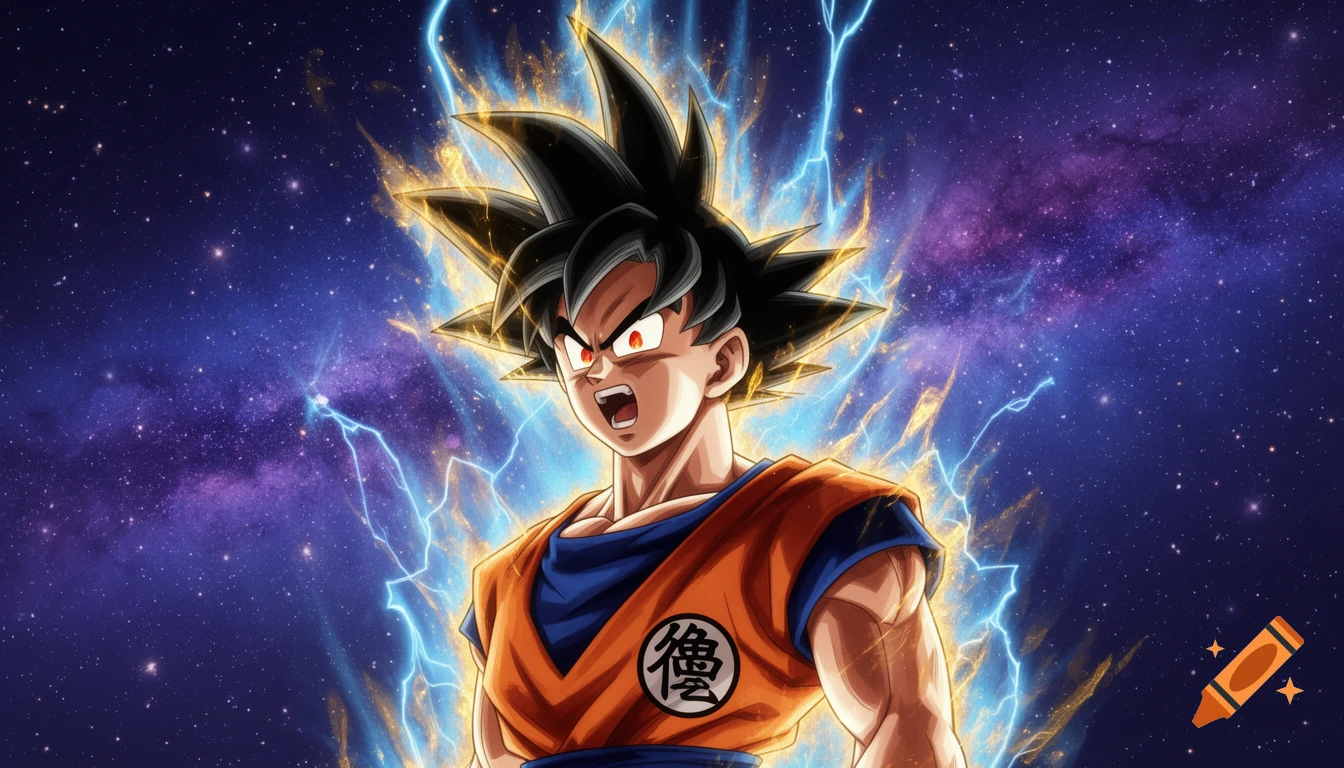 Goku from Dragon Ball in Ultra Instinct form, surrounded by a golden aura and lightning, against a starry cosmic background.