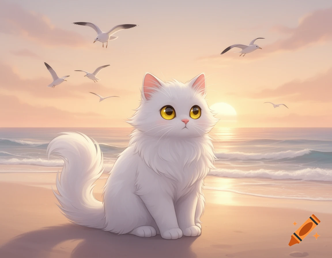 A fluffy white cat with large yellow eyes sits on a beach at sunset, rendered in a cute anime style.