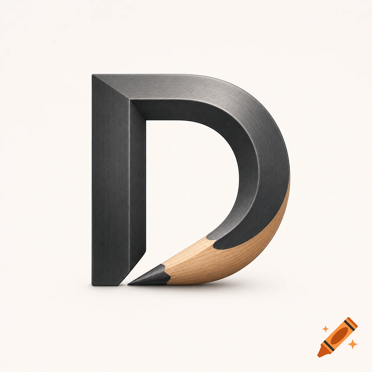 A 3D rendered logo of the letter D, stylized like a dark gray and wood-toned pencil with a sharp black tip, on a white background.