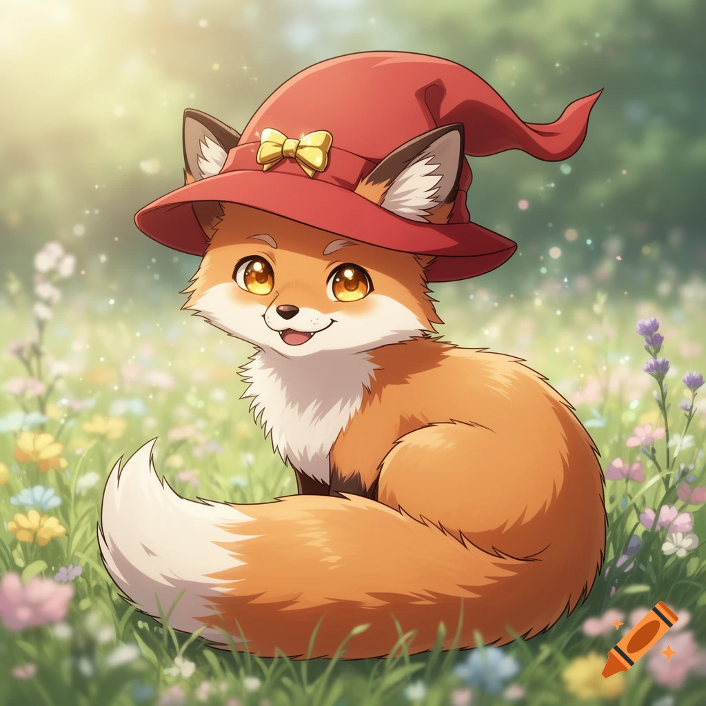 A cute anime-style fox wearing a red wizard hat sits in a field of colorful wildflowers under soft sunlight.